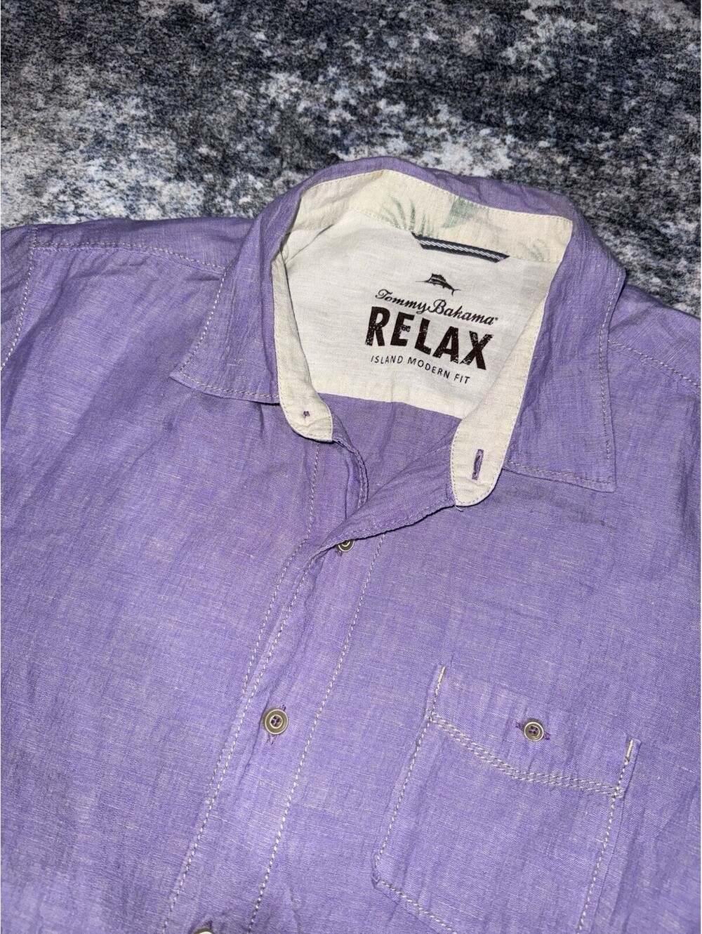 Tommy Bahama Relax Men’s Large Purple 100% Linen Short Sleeve Button Shirt